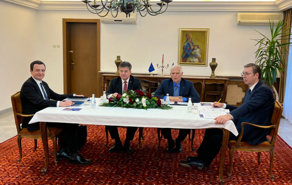 Dveri, Zavetnici, Novi DSS i POKS: Evropski plan za Kosovo je ništavan Aljbin Kurti, Miroslav Lajčak, Žosep Borel i Aleksandar Vučić (Foto Tviter@JosepBorrellF)