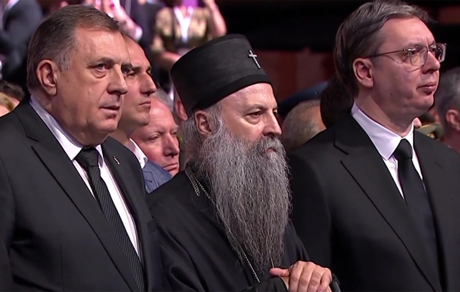 Komemoracija u Somboru povodom Dana sećanja na stradale u NATO agresiji Milorad Dodik, Porfirije, Aleksandar Vučić (FotoPrintscreen/RTS)