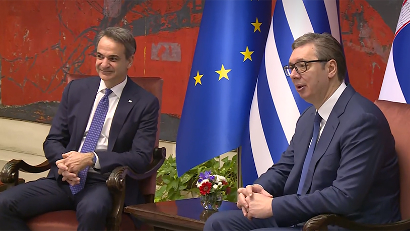 Micotakis sa Vučićem: Stav Grčke oko Kosova nepromenljiv Kirijakos Micotakis i Aleksandar Vučić (Foto printskrin N1)