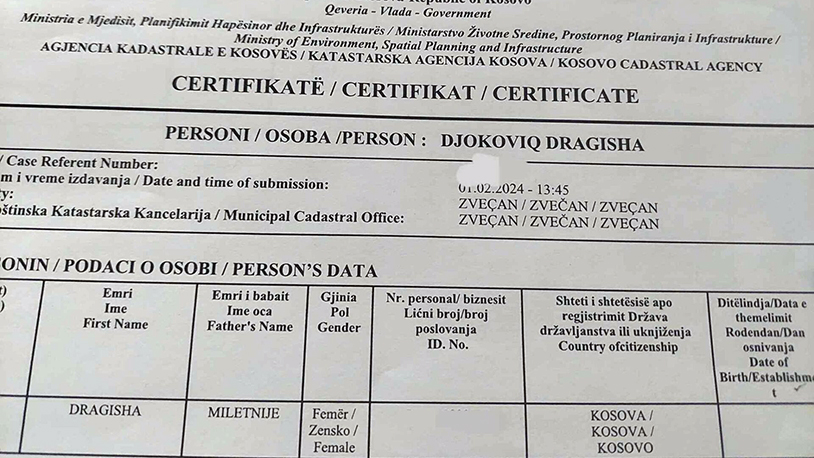 „Odeš u kosovski katastar i saznaš da su ti promenili identitet, pol i poreklo“ Sertifikat koji je Dragiša Đoković dobio u Katastarskoj agenciji Kosova (Foto Dragiša Đoković)