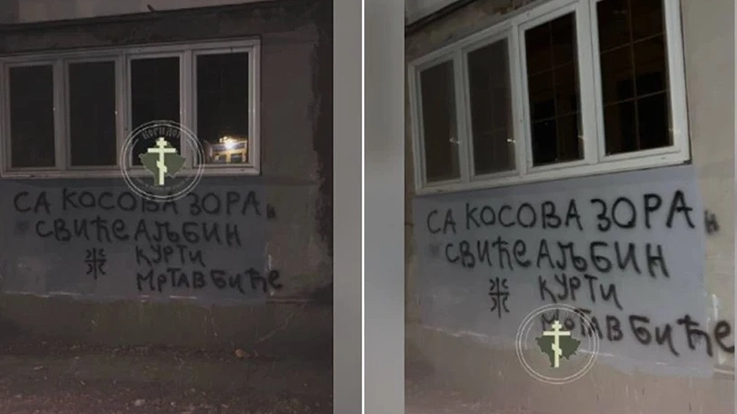 Preteći grafit posvećen Kurtiju u Severnoj Mitrovici Preteći grafit objavljen na mreži Telegram (pritnscr Korodiri)