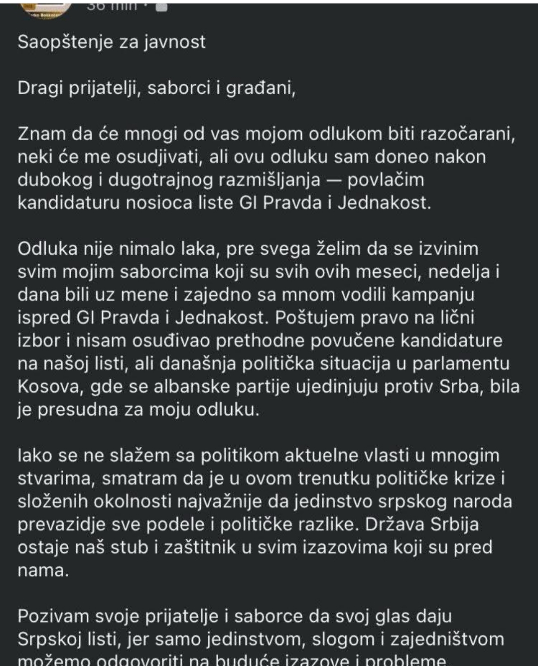Lažna objava u ime Boškoćevića (Foto printskrin GI „Pravda i jednakost“)