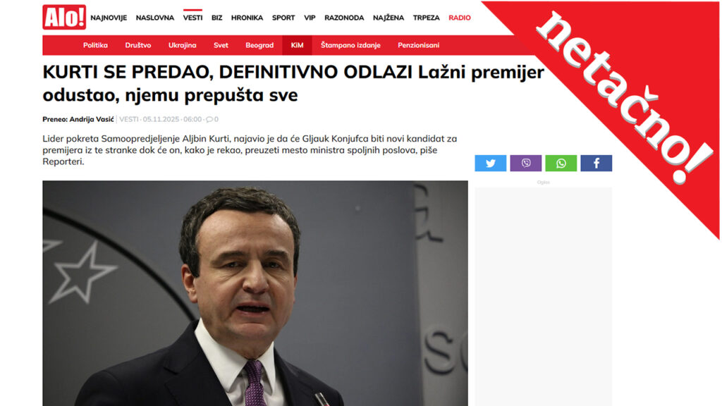 Manipulativan naslov „Kurti se predao“ u suprotnosti sa sadržajem vesti Manipulativan naslov „Kurti se predao“ u suprotnosti sa sadržajem vesti (Foto printskrin alo rs)