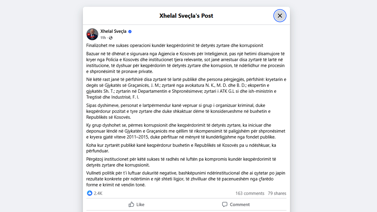 Objava Dželjalja Svećlje na Fejsbuku (Foto printskrin Fejsbuk@Xhelal Sveçla)