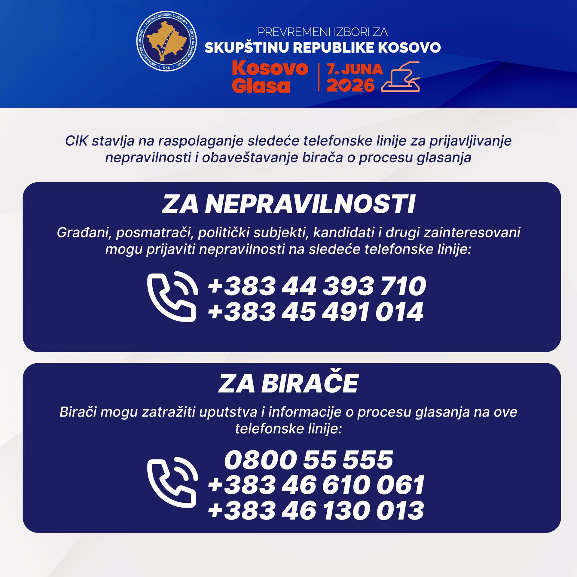Telefonske linije za prijavljivanje nepravilnosti (Foto CIK)