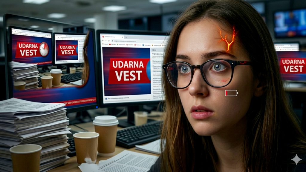 Sindrom izgaranja na poslu i novinarstvo: Tihi saveznik dezinformacija Umoran novinar u redakciji, izgaranje na poslu i burnout u novinarstvu, ilustracija (Vizual generisan uz pomoć alata veštačke inteligencije Gemini)